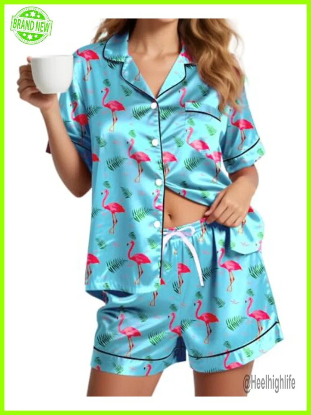 Silky Pajama Set Short Sleeve Button Down Satin Sleepwear Lounge Set